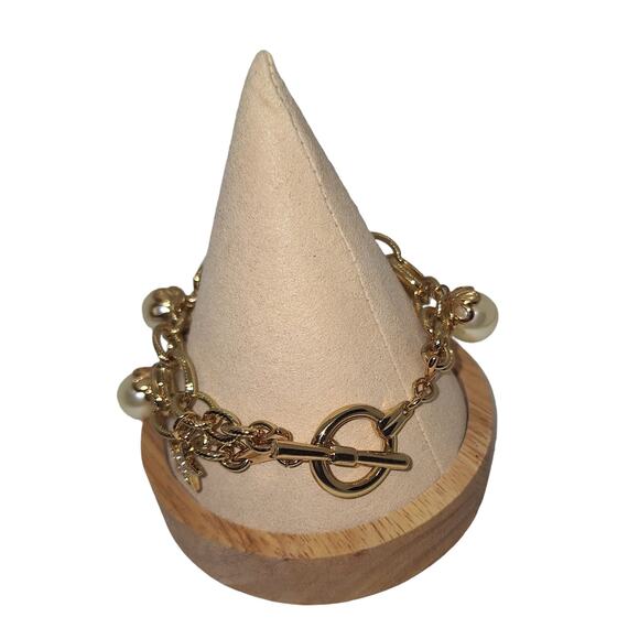 AVON Double Link Chain Bracelet Faux Pearls Star Charms Gold Tone - Picture 2 of 4